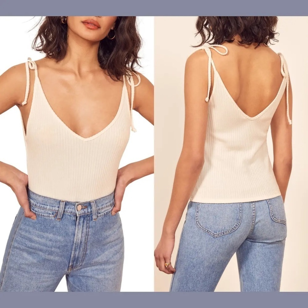 Reformation ivory v neck ribbed shoulder tie sexy top blouse tank size medium